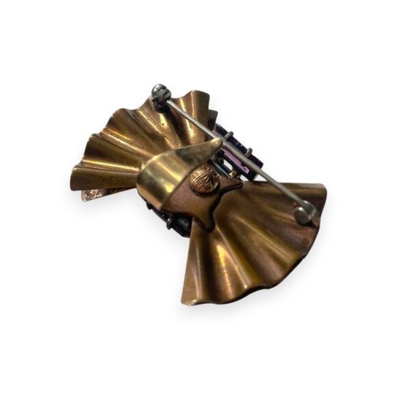 Walter Lampl 12K Gold Bow Brooch With Amethyst Accents Vintage 1940s Jewelry - Picture 4 of 6